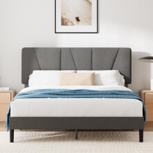Zinus Maya Double Bed Frame with Headboard - 4ft6 (135 x 190 cm) - 11.8'' Height - Upholstered Bed Base - Wooden Slat Support - Easy Assembly - Dark