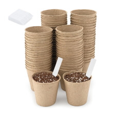 KINGLAKE Biodegradable Small Plant Pots Fibre Seedling Pots, 6cm 100Pcs Compostable Flower Seed Pots for Planting Vegetables, Fruits, Herbs with 100