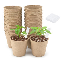 KINGLAKE Biodegradable Small Plant Pots Fibre Seedling Pots, 6cm 50Pcs Compostable Flower Seed Pots for Planting Vegetables, Fruits, Herbs with 100 P
