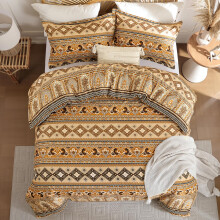 WONGS BEDDING Bohemian Double Duvet Cover Set Brown Colorful Boho Striped Bedding Set with 2 Pillowcases Soft Microfiber Moroccan Fall Quilt Cover wi