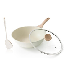 Kordisen Non Stick Induction Wok Pan, 30cm Deep Stir-Fry Pans with Lid, Stay Cool Handle, Compatible with All Stovetops, PFOA Free (Cream White)