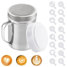 Powder Shaker Stainless Steel Chocolate Powder with Fine Mesh Sieve Sifter Icing Sugar Duster with Handle and Lid with 16 Moulds for Cappuccino Cocoa
