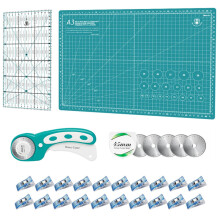 Rotary Cutter Set - Quilting Kit incl. 45mm Fabric Cutter, 5 Extra Rotary Blades, A3 Self Healing Cutting Mat, Acrylic Ruler and Sewing Clips, Ideal