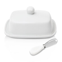 Ceramic Butter Dish with Lid and Handle, Home Ceramic Butter Dish with a Butter Spatula for Countertop, Porcelain Health Dishwasher Safe, White