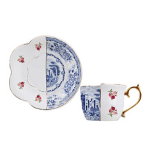 Ceramic Tea Cup and Saucer Set Vintage Palace Style Blue and White Porcelain with Gold Rim Handle