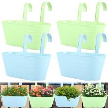 SHUESS 4 Pcs Iron Over Fence Planters - Balcony Planters for Railing with Detachable Hook - Metal Fence Hanging Planters - Hanging Plant Pots Outdoor