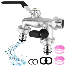 Double Garden Tap, 1/2 Inch Brass Double Water Tap, Outside Faucet Outside Tap with 1/2 inch Brass Water Faucet and 2X3/4 inch Outlet Double for Gard