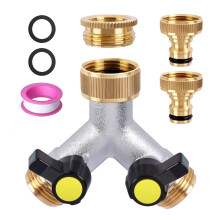ilauke 2 Way Tap Splitter 3/4 Inch Brass Garden Multi-Functional Hose Connector, Create 2 Circuits on a Single Tap, Independent Flow Valve per Outlet