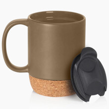 Reusable Ceramic Travel Mug with Handle and Lockable Lid & Heat Proof Cork Base - Spill & Leak Proof, Refrigerator Safe, Heat Resistant Coffee Mug -