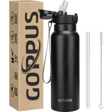 GOPPUS 750ml/26oz Stainless Water Bottle with Straw Double Wall Insulated Bottles with Strap Reusable Vacuum Thermal Flask Leakproof Keep Cold Drinks