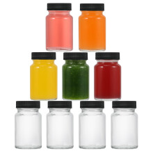 Clear Mini Glass Bottles 60ml (2oz) - 9pcs Wide Mouth Reusable Containers with Lids for Juice, Ginger Shots - Leakproof, Dishwasher and Freezer Safe