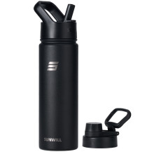 SUNWILL Metal Water Bottle with Straw Stainless Steel, 650ml Insulated Leakproof Thermal Flask for Cold and Hot Drink, Travel, Sports, Gym, Black