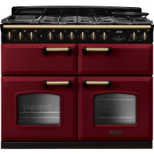 Rangemaster Classic Deluxe 110 CLDLB110DFPBOR/AB1 110cm wide Dual Fuel Range Cooker with Gas Hob - Bordeaux / Antique Brass - A/A/A Rated