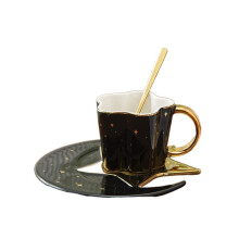 Ceramic Coffee Mug Set with Golden Handle, Star Moon Design Porcelain Tea Cup and Saucer with Spoon