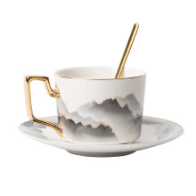 Ceramic Coffee Cup Set with Gold Rim Saucer, Elegant InkGold Design for Home Cafe and Office