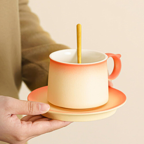 Ceramic Coffee Cup and Saucer Set with Spoon, Large Capacity Gradient Design for Home or Office Gift 1
