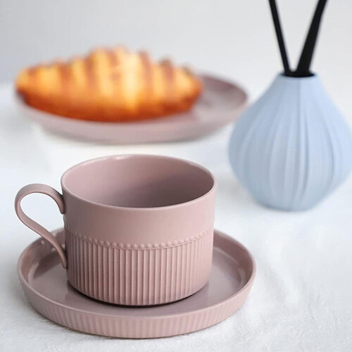 Ceramic Coffee and Espresso Cups Set with Vertical Stripes, Handle and Saucer for Tea 1