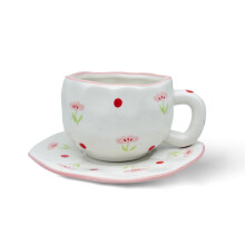 Hand Painted Ceramic Coffee Cup and Saucer Set 250ml Korean Style Floral Latte Tea
