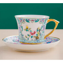Ceramic Coffee Mug Set with Saucer Chinese Style Green Floral Handmade Pottery 180ml Dishwasher Safe