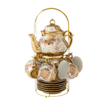 Porcelain Tea Set with Teapot Spoons and Rack, Elegant Coffee Cup and Saucer Set for Home Party