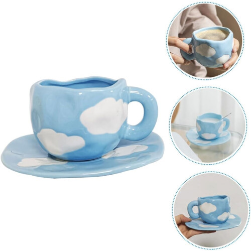 Ceramic Coffee Mug with Saucer HeatResistant Decorative Cloud Pattern for Home and Office 2