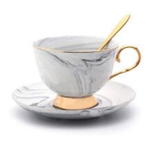 Ceramic Coffee Cup Set with Tray Spoon 200ml Marble Design Tea Cup and Saucer Luxury Gift Gray