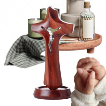Wooden Cross Crucifix Statue Decor for Home, Living Room, Bedroom, Church or Shelf Display