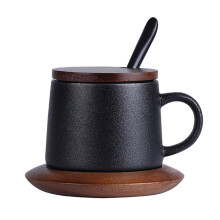 Ceramic Coffee Cup Set with Wooden Saucer and Lid, DoubleWalled Heat Retention Matte Black