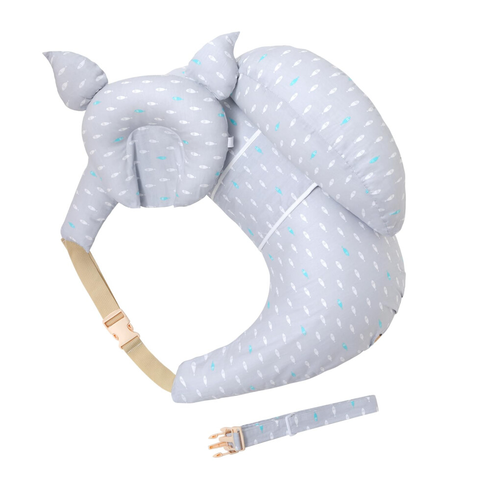 Adjustable Nursing Pillow with Waist Strap for Breastfeeding Support, Grey Hypoallergenic Fabric