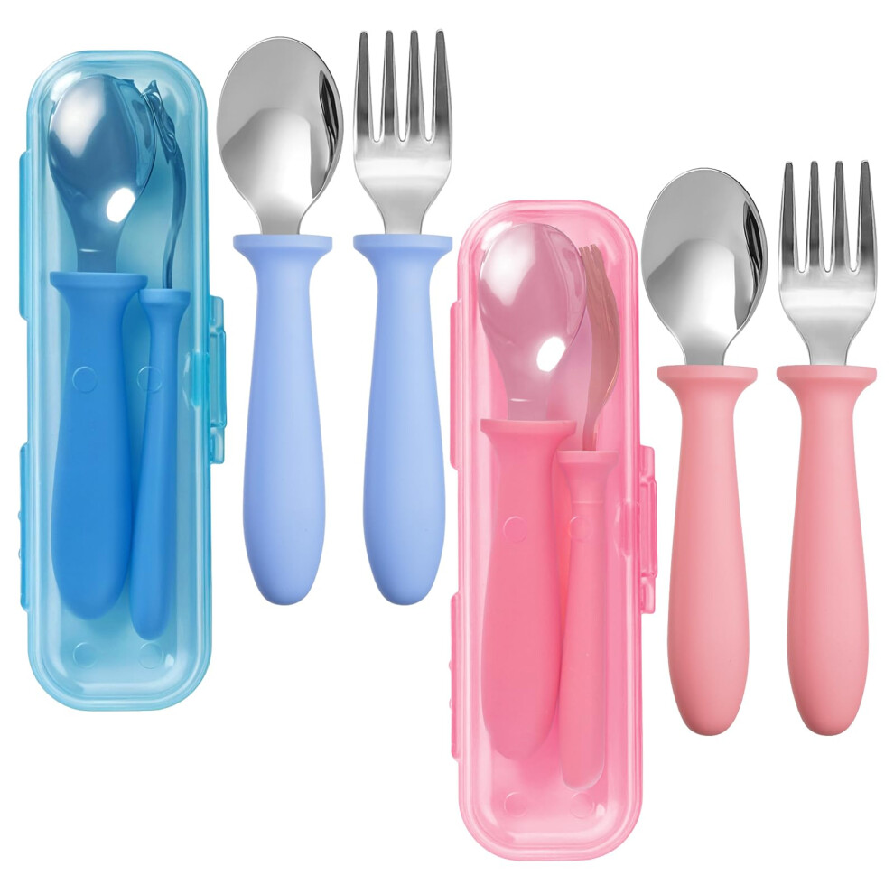 Kids Stainless Steel Toddler Utensils Fork and Spoon Set with Travel Case Dishwasher Safe