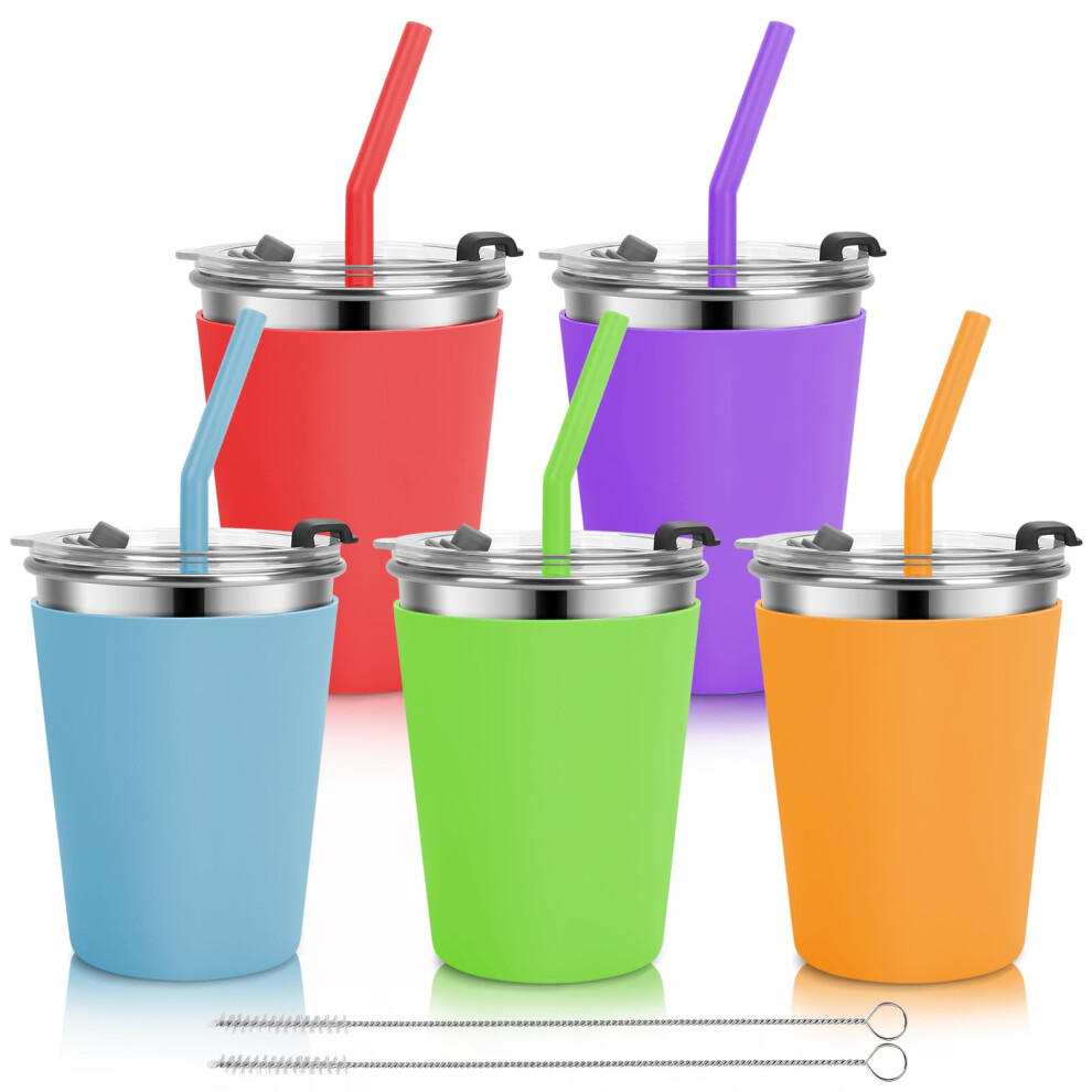 Kids Stainless Steel Cups 12oz with Lids and Straws, Leakproof Toddler Drinking Cup 5 Pack