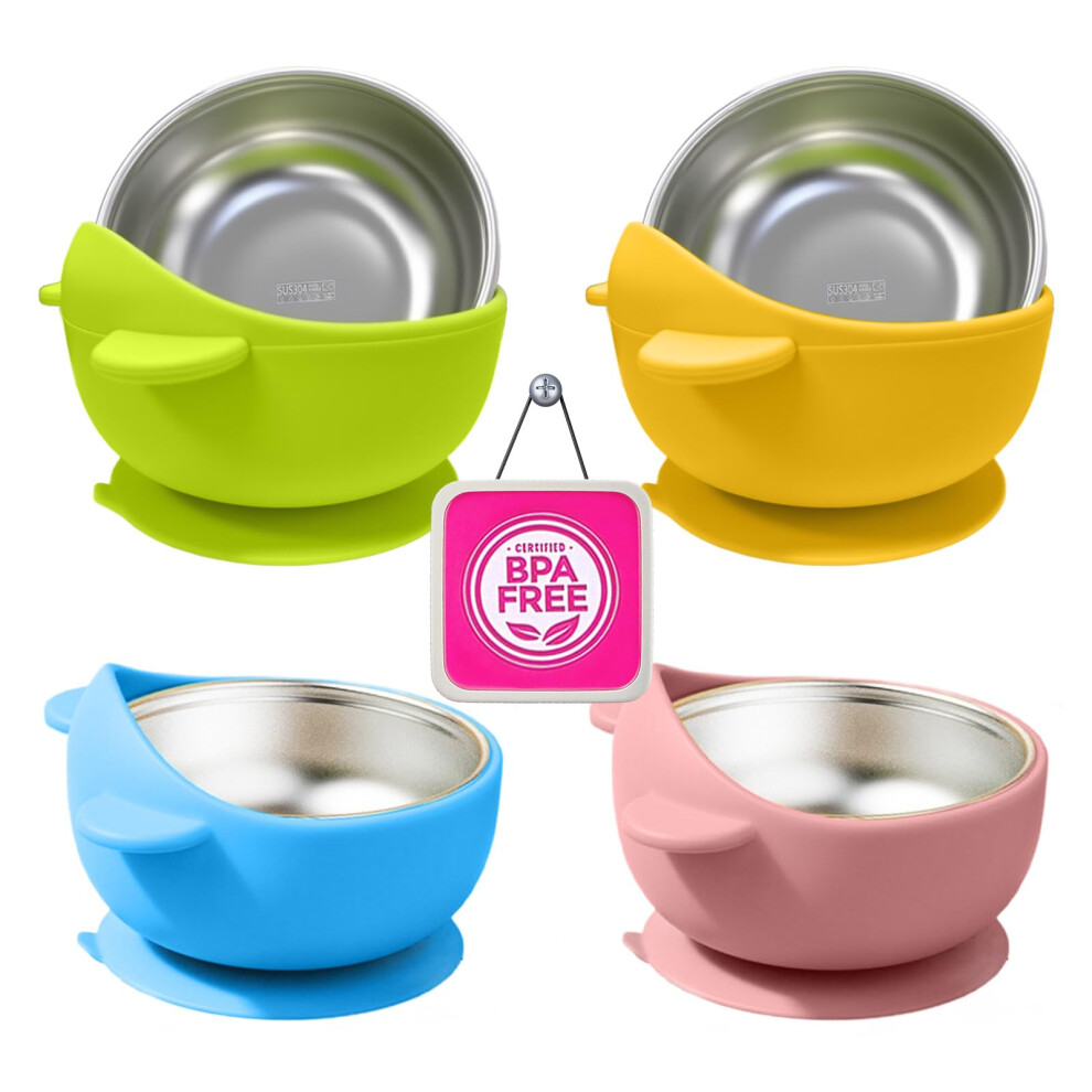Stainless Steel Baby Suction Bowl Set, 2 in 1 Toddler Feeding with Silicone Base, Unbreakable, Dishwasher Safe, 4 Pack