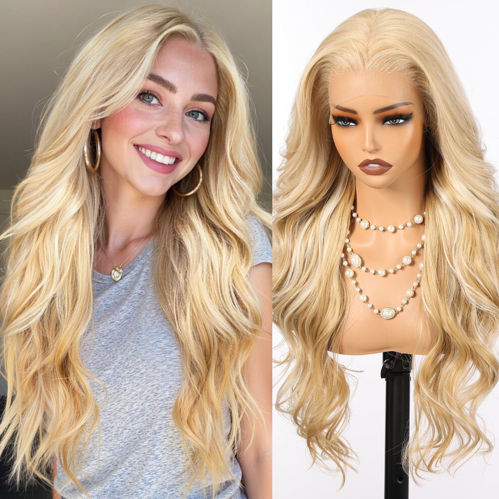 Unisex Blonde Lace Front Wig 13X6 Glueless 26 Inch Wavy Synthetic Wig For Women With Realistic Hairline