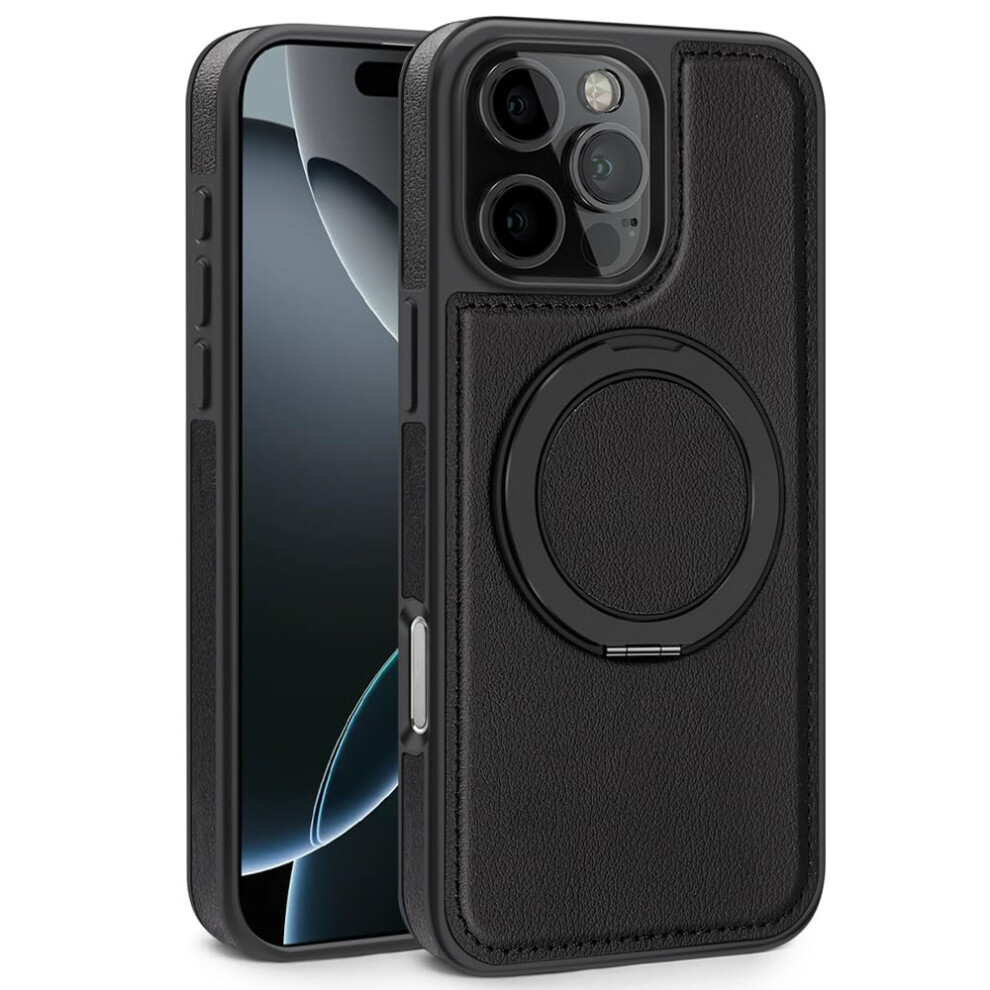 Leather Case With Magsafe Compatibility For Iphone 16 Pro, 360 Kickstand, Shockproof Slim Design, Camera Guard, Black 9164114424686