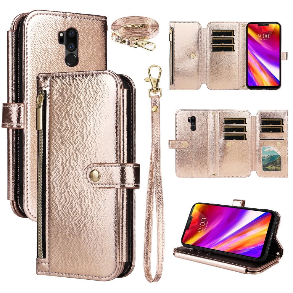 Wallet Case For Lg G7 Thinq With Wrist And Shoulder Strap, Zipper Flip Card Holder Stand, Gold 9365369599970