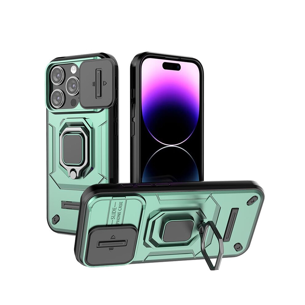 Shockproof Case With Sliding Camera Shield, 360 Kickstand, Matte Armor For Vivo T3 Pro Green 9365369600973