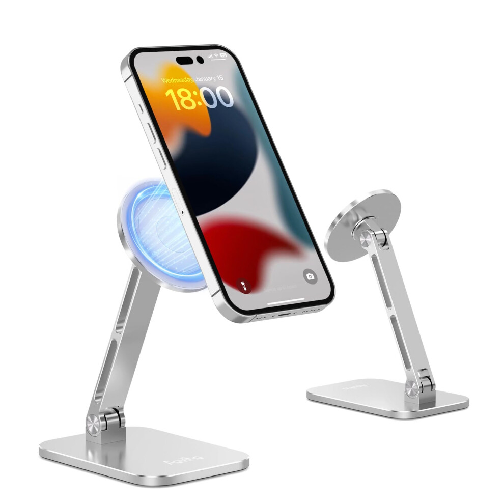 Aluminum Desk Phone Stand For Magsafe With Magnetic Lock, 360 Rotation, Foldable Holder, Silver 9365369601789