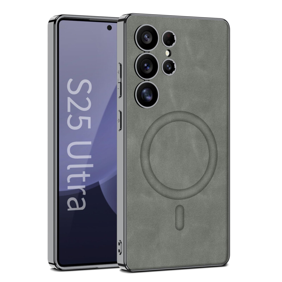 Magnetic Pu Leather Case With Lens Guard, Shockproof Slim Cover For Samsung Galaxy S25 Plus Gray 9164114429018