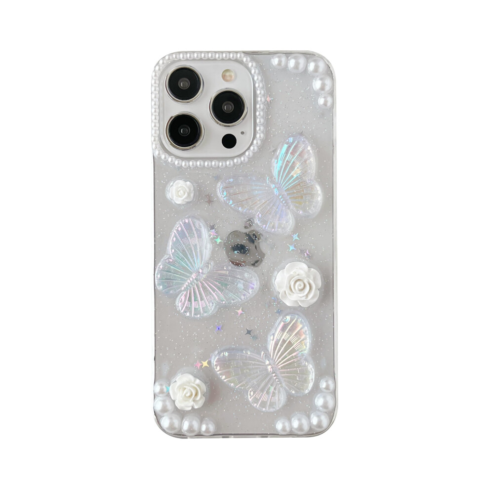Clear Silicone Case With Glitter Butterfly Pearl, Shockproof And Lens Guard For Iphone 16 Pro Max White 9164114429766