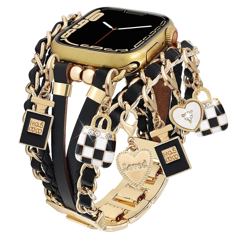 Leather Band For Apple Watch Boho Style With Detachable Charms, Multilayer Wrap Bracelet Strap 42Mm Gold 9365369603219