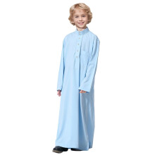 Arabic Thobe for Teen Boys Sky Blue Muslim Kids Long Sleeve Robe with Elegant Embroidered Design