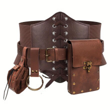 Medieval Costume Accessories Corset Belt Set with Steampunk Waist Pouch and Coin Purse Brown