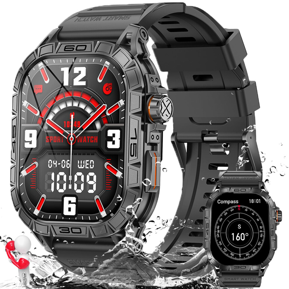 Military Smart Watch With Bluetooth Calling, 5Atm Waterproof Tactical Smartwatch With Compass, Heart Rate, Amoled For Ios Android 9164114434593