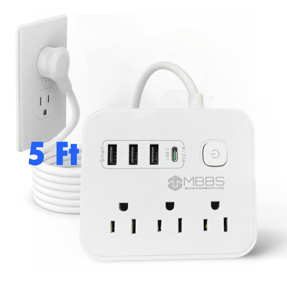 Power Strip With Usb C And Surge Protection, 5Ft Cord, 3 Outlets 4 Usb Ports, Fast Charging, White 9164114442246