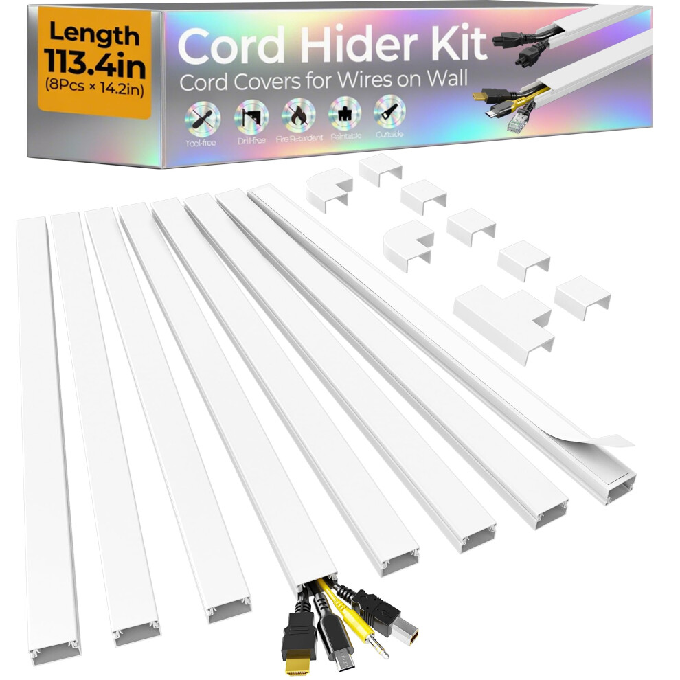 Cord Cover Raceway For Wall Mounted Tv, Selfadhesive Paintable Cable Management Kit, 113.4In White 9365369614758