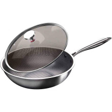 32cm Stainless Steel Nonstick Wok with Lid, Honeycomb Scratch Resistant Stir Fry Pan