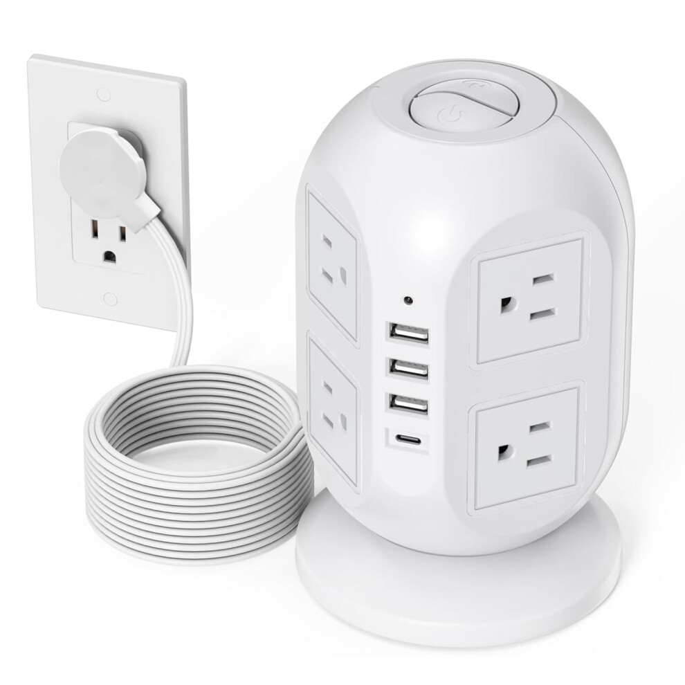 Power Strip Tower With Surge Protection And Usbc, 8 Ac Outlets, 10Ft Flat Cord For Home Office 9365369616783