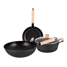 Non Stick Cookware Set 3 Piece with Wooden Handle, Induction and Gas Compatible, Smokeless Design