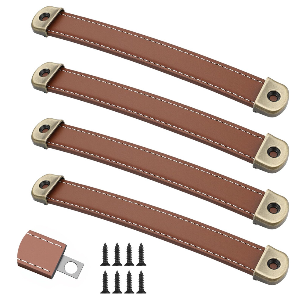 4Pcs Brown Leather Drawer Pulls With Screws Builtin Iron Sheet For Dresser Wardrobe Luggage 9164114448729