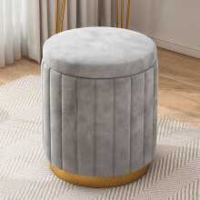 Velvet Storage Ottoman Round Grey Upholstered Footstool with Large Capacity and Gold Base for Living Room